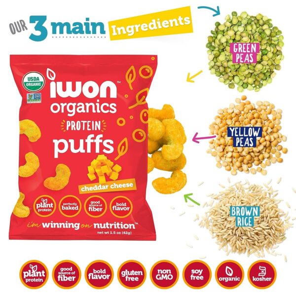 Iwon Organics Protein Puffs Cheddar Cheese Flavor, Vegan, Certified Non GMO - Image 2
